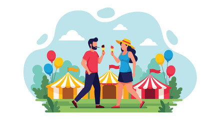 A joyful flat vector of romantic couple sharing ice cream at lively summer fair with colorful balloons, symbolizing happiness and love