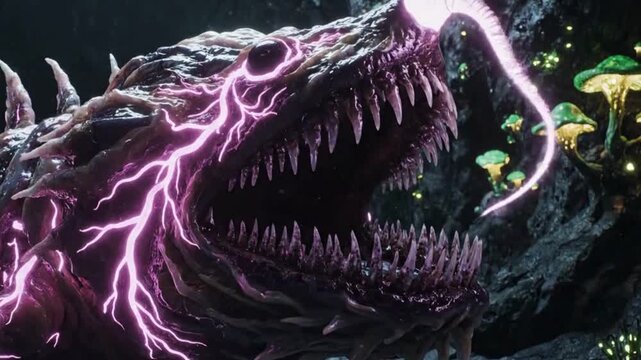 body horror Cthulhu monster animation in a dark alien cavern with glowing bioluminescent fungi.