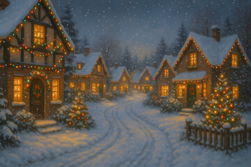 Fototapeta premium Snowy Village with Christmas Lights and Festive Decorations