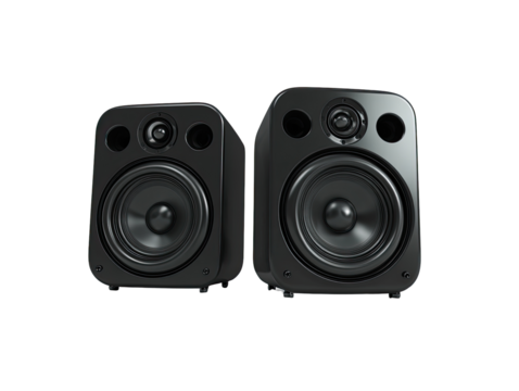 Two black, square audio speakers.  Front view.  Glossy finish.  Visible speaker cones