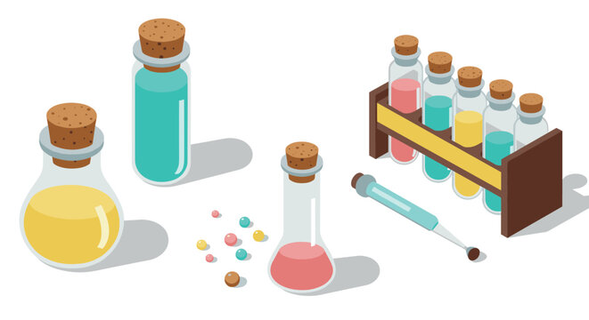 Colorful laboratory equipment isometric design with test tubes and flasks