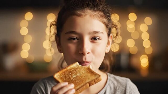 Young girl happily bites into a toasted sandwich