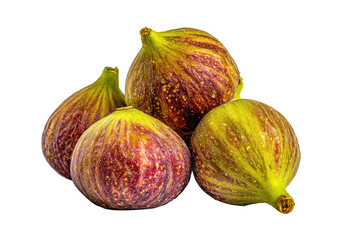 Close-up of four fresh figs clustered together.  The figs display a mix of deep red-purple and vibrant yellow-green hues, with intricate stripes and speckles.  Water droplets are visible on the skin.