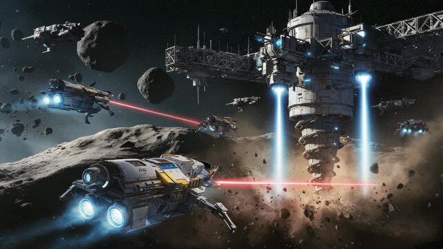 Orbital station engagement in cool tones with lasers across debris field