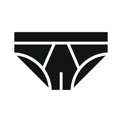 Simple black silhouette icon of men s briefs underwear with white outline detail on waistband and leg openings