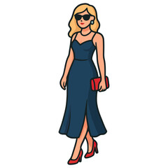 Fototapeta premium A woman in a blue dress is walking down the street. She is wearing red shoes and sunglasses. She is carrying a red purse. Vector.