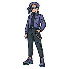 A woman in a purple jacket and black pants stands in front of a white background. She is wearing sunglasses. Vector.