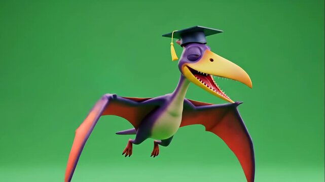 Cartoon Pteranodon Graduation - A cartoon Pteranodon wearing a graduation cap, shown in full body with a green screen background. The Pteranodon has its wings outstretched and a big smile.
