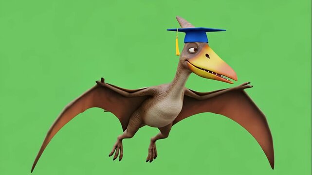 Cartoon Pteranodon Graduation with Chroma Key Background - A cartoon Pteranodon wearing a graduation cap is shown flying on a green chroma key background.