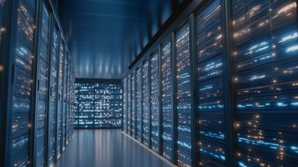 A futuristic blockchain server room illuminated by neon lights and connected nodes evokes awe and showcases technological prowess, representing decentralized, high-security data centers.