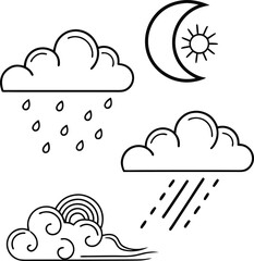 Vector cartoon illustration of a weather forecast icon set design with cloud, sun, rain, and speech bubble symbols for web technology and internet communication