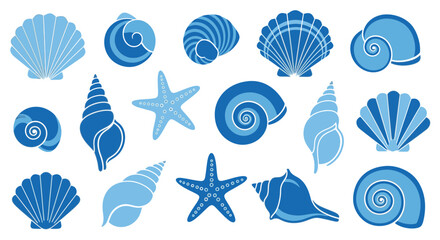 Obraz premium A collection of blue seashells and starfish are arranged on a white surface in this simple scene.