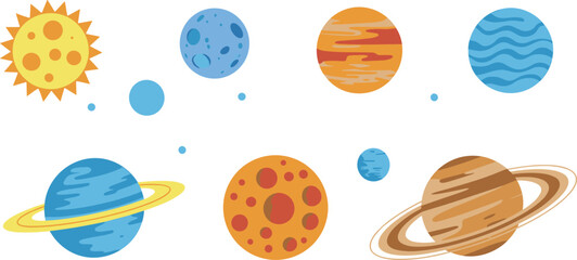 colorful cartoon illustration of solar system planets and bright sun, playful outer space design with rings, stars, and cosmic elements