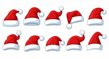 A group of red Santa Claus hats with white trim are arranged in a festive holiday display.