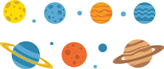 colorful cartoon illustration of solar system planets and bright sun, playful outer space design with rings, stars, and cosmic elements