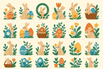 Obraz premium A set of cute kawaii Easter bunnies in pastel colors (white, pink, yellow, green, purple). Each bunny is depicted in different poses with Easter attributes.