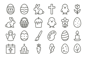 A set of monochrome linear Easter icons in line art style (black outlines on a white background).