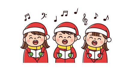 Three cheerful children wearing Santa hats are singing Christmas carols together with musical notes.