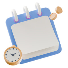 3D desk calendar with clock and coins symbolizing time and money.
