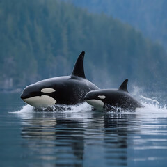Fototapeta premium Two killer whales swimming side by side