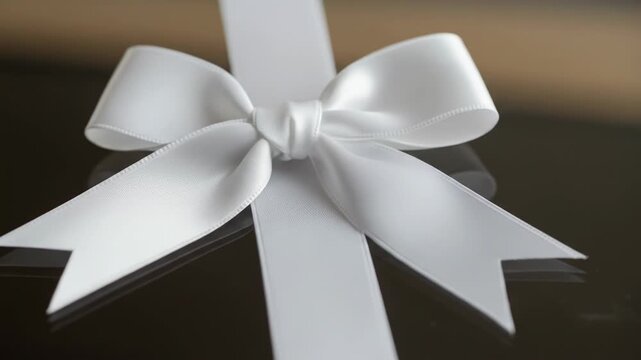 A close-up, soft focus shot of a white satin ribbon tied into a bow on a reflective dark surface
