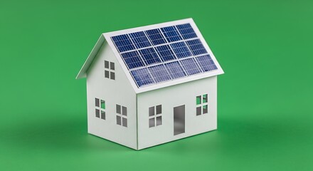 Model House with Solar Panels on Roof Set Against Green Background