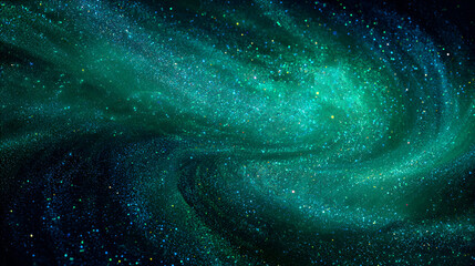 A breathtaking emerald green galaxy swirls with shimmering stardust across the vast dark cosmos