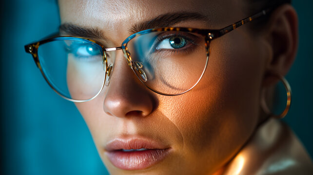 Close-up of a woman with blue eyes wearing stylish glasses, showcasing a modern and confident look with golden hoop earrings.