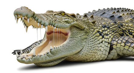 Obraz premium Aggressive Crocodile Head with Open Mouth and Sharp Teeth on White