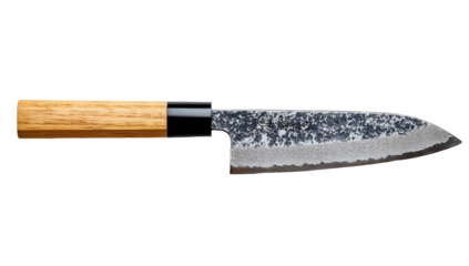 A high-angle, close-up view of a small,  Japanese-style  chef's knife.  The blade is dark, mottled steel,  and the handle is light wood.  Black accents on the handle