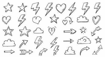 Collection of Hand Drawn Doodle Icons Stars Hearts Lightning Bolts Clouds and Arrows.