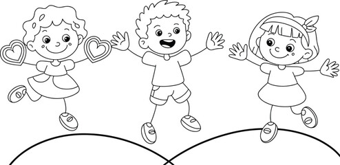 Happy children jumping together on playground, friendship and joy, smiling kids playing outdoor in fun activity, black and white illustration