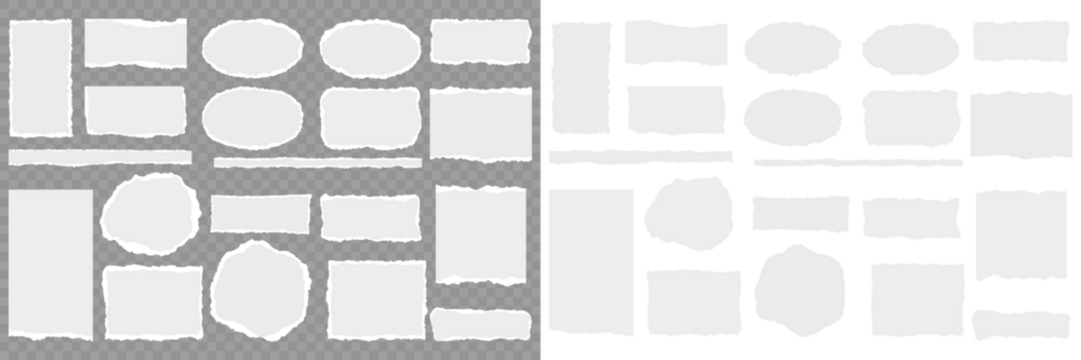 Torn paper strips set.White ripped paper collection. Torn sheets of paper. Ripped paper strips collection. Scrapbook edge, notebook tear or blank page split vector illustration. Vector illustration.