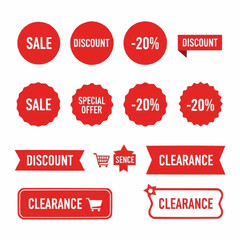 Obraz premium Red Sale and Discount Badges - Clearance, Special Offer, and Percent Off.