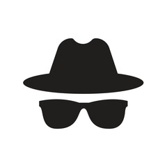 Black Detective silhouette of a fedora hat and sunglasses representing a spy or detective vector icon