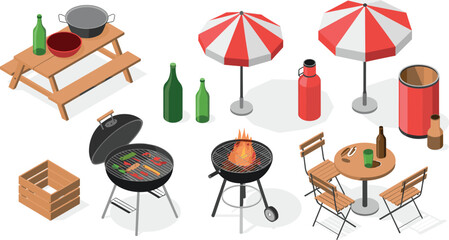 Isometric 3D backyard barbecue scene with grill, table, chairs, umbrellas, bottles, picnic cooking setup, outdoor summer party illustration