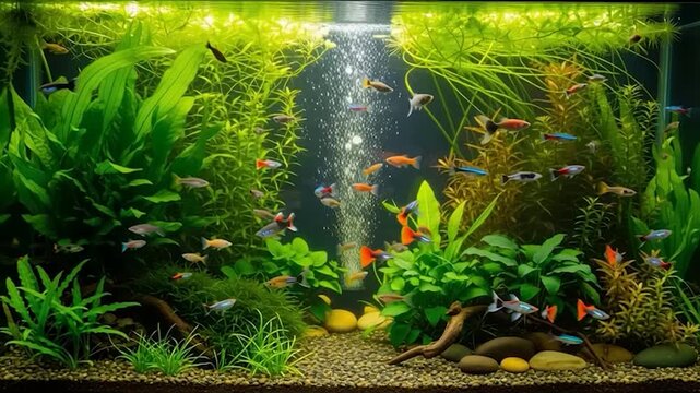 Vibrant Freshwater Aquarium with Lush Green Plants and Colorful Guppy Fish Swimming Gracefully.
