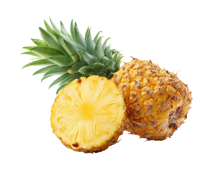 Two pineapples, one whole, one halved, showcasing yellow flesh and vibrant green leaves