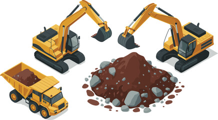 Isometric 3D construction scene with yellow excavators loading dump truck, soil pile, heavy machinery illustration, industrial earthmoving equipment design