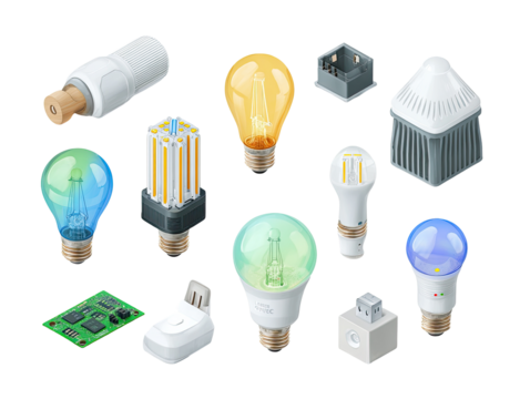 Various isometric lightbulb and electrical components