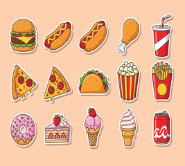 Vector art of a colorful and appetizing collection of fast food stickers, including a burger, hot dog, fried chicken, soda, pizza, taco, popcorn, fries, donut, cake, ice cream, and cola, all presented