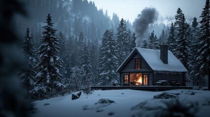 Winter cabin christmas scene cozy fireplace snowy landscape serene environment warm glow peaceful view