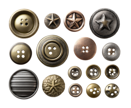 Assorted metal buttons in various styles.  Circular, decorative buttons in brass, copper, and pewter tones.  Some with star, ribbed, or buttonhole designs.  