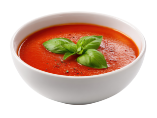 Creamy, vibrant tomato soup in a white bowl, garnished with fresh basil