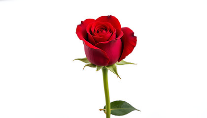 Fototapeta premium Single red rose bloom with stem and leaf isolated on white background isolated on transparent background