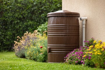 Obraz premium Brown rainwater collection barrel beside vibrant flower beds colorful blooms. Sustainable gardening. Enhancing the outdoor space environment. Promoting eco-friendly horticulture, farming practices