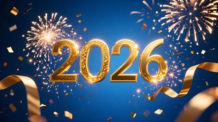 Gold 2026 text surrounded by fireworks and glowing confetti ribbons rich blue background elegant cinematic composition