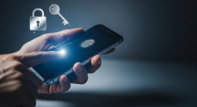 A persons hand holding a smartphone, with a fingerprint scan icon glowing on the screen, and digital icons of a padlock and key floating nearby, representing mobile security and authentication