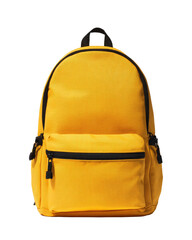 Bright yellow backpack, front view.  Simple design,  functional