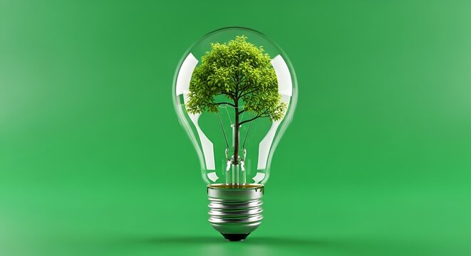 Green Tree Inside Light Bulb on Bright Green Background Eco Concept